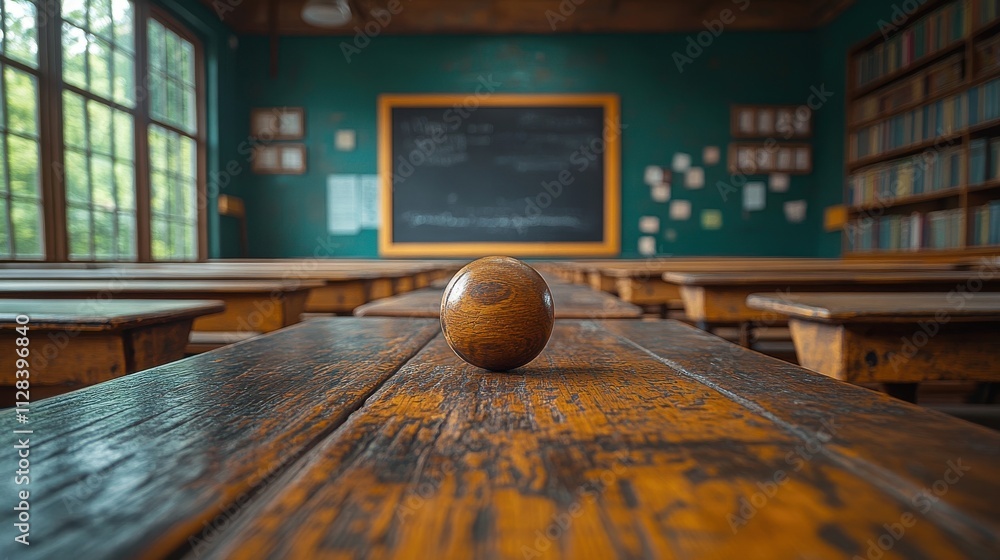 Poster an empty classroom with a row of wooden school desks facing the blackboard is seen in a wide angle b