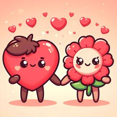 Obraz premium Valentine card, postcard, poster with cartoon characters on a light pink background.