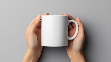 Two hands gently hold a plain white mug. Perfect for showcasing designs or branding on mugs.