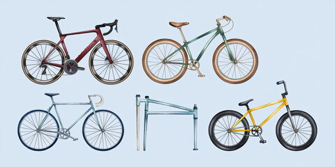 Watercolor Bicycle Collection Road Bikes Cruiser BMX Repair Stand