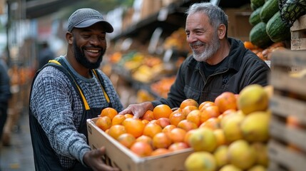 A cheerful volunteer joyfully helps a disabled individual by carrying a wooden crate full of oranges in a bustling market. The vibrant atmosphere enhances their heartwarming interaction