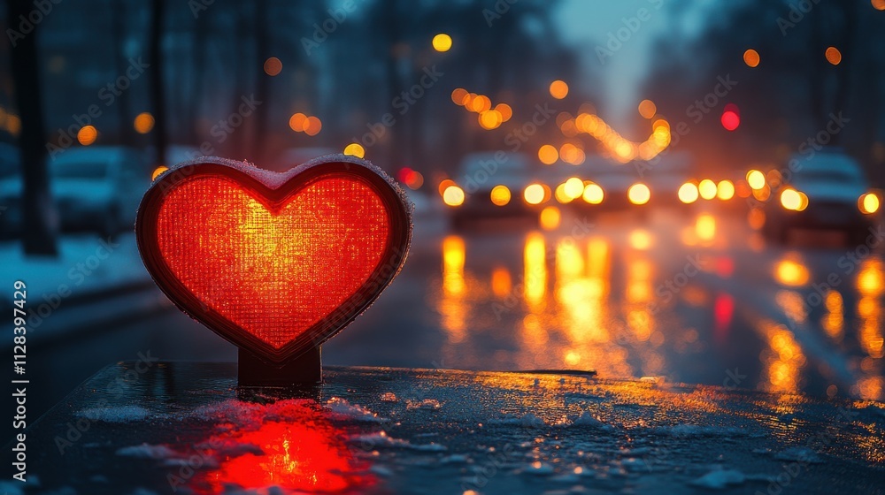Poster an image of a traffic light with a red heart shaped semaphore at a city crossin
