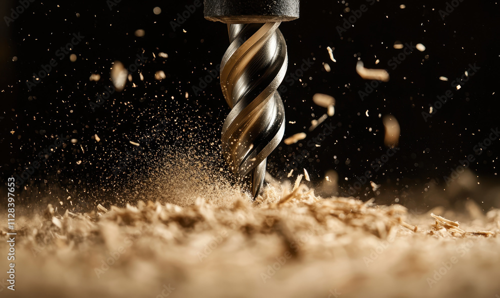 Poster dynamic close-up of a wood drill bit in action, perfectly capturing the intricate details of precisi
