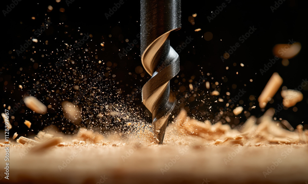 Poster dynamic close-up of a powerful drill piercing wood with precision and expertise in an industrial set
