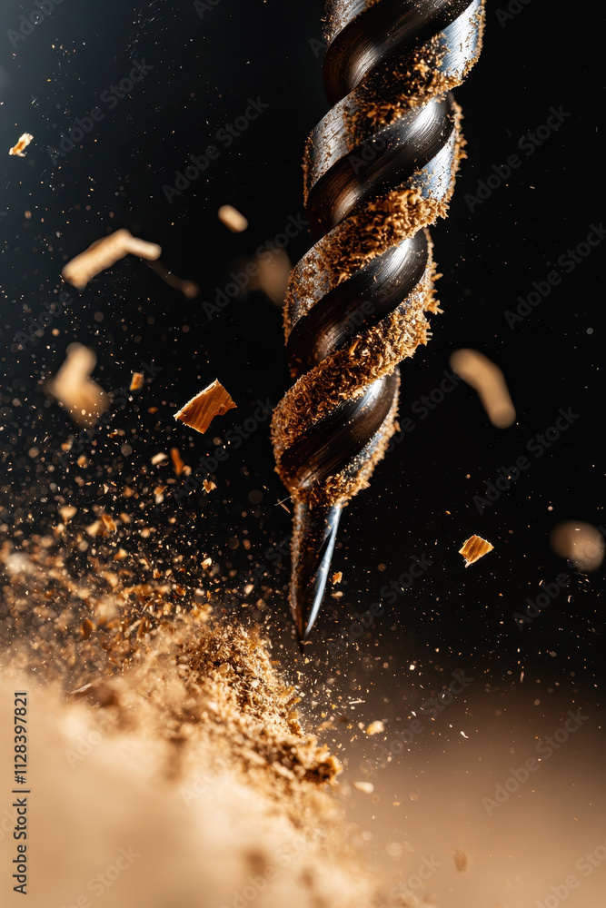 Poster dynamic close-up of a drill in action: sawdust and motion captured in precision craftsmanship, illus