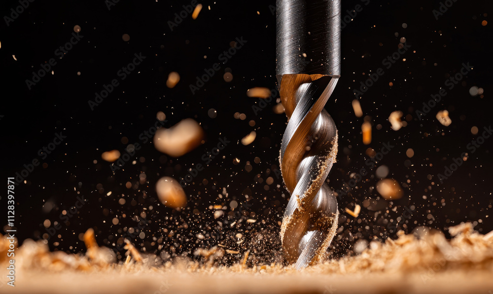 Poster dynamic drill action capturing the precision and power of industrial woodwork as sawdust flies in a 