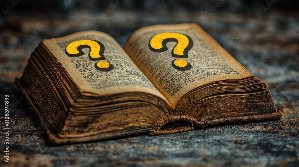 Poster an open book with yellow question marks hovering over i