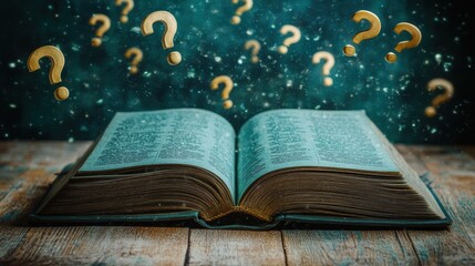 an open book with yellow question marks hovering over i