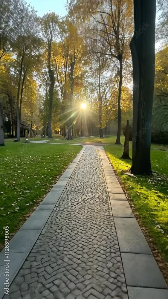 Poster sunlight filters through trees on a tranquil cobblestone path in an autumn park during golden hour