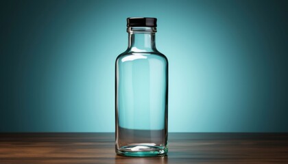 A clear glass bottle sits on a wooden table