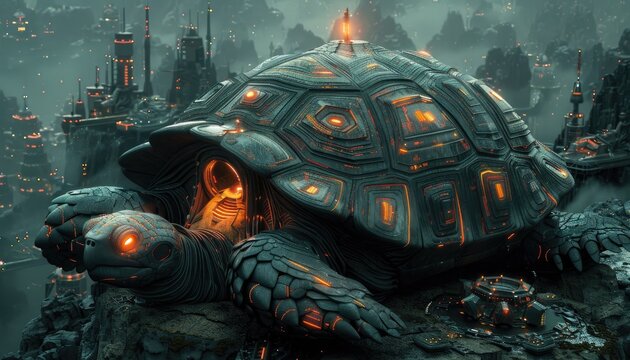 A Futuristic Mechanical Turtle Above a Cityscape