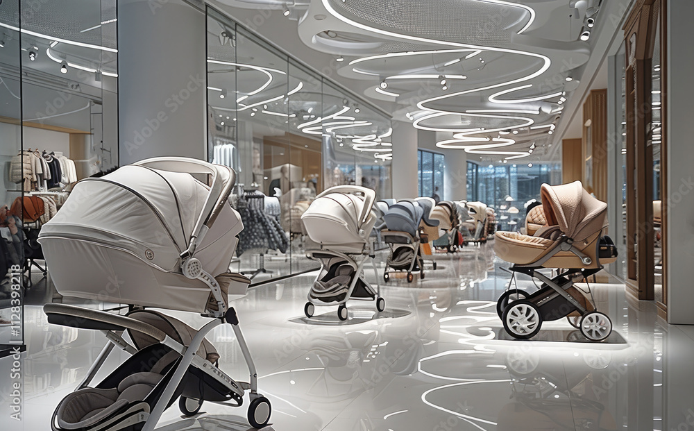 Poster modern showroom of modern strollers on display.