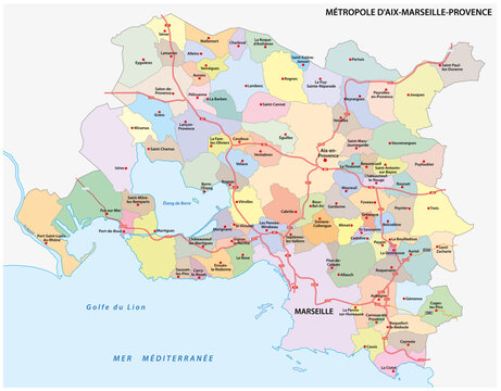 Administrative map of the metropolis of Aix-Marseille-Provence, France