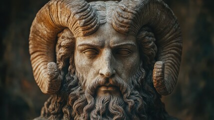 ancient god statue of a male god with ram horns on a dark background