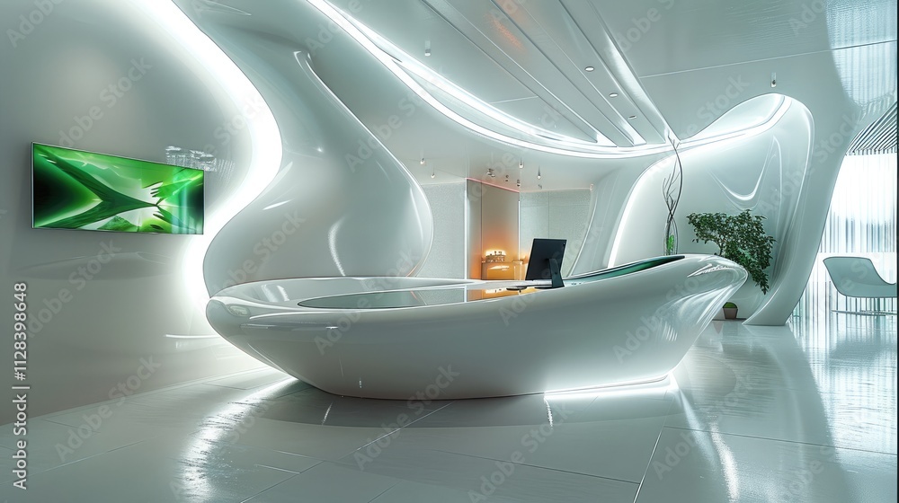 Leinwandbilder A futuristic reception area in a minimalist style with dominant smooth, streamlined shapes. The main element is the reception desk.