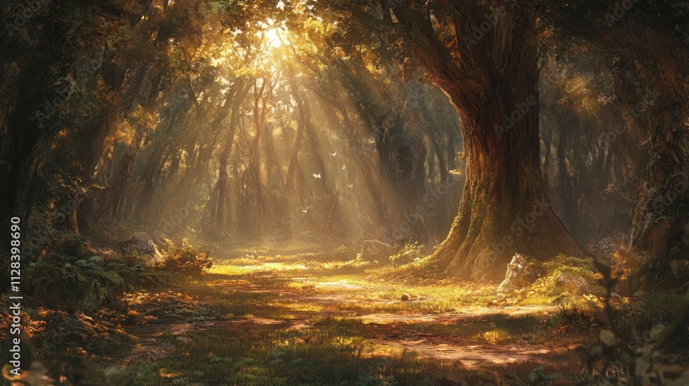Poster sunlight filters through trees in a serene forest scene
