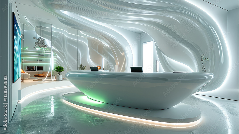 Aufkleber A futuristic reception area in a minimalist style with dominant smooth, streamlined shapes. The main element is the reception desk.