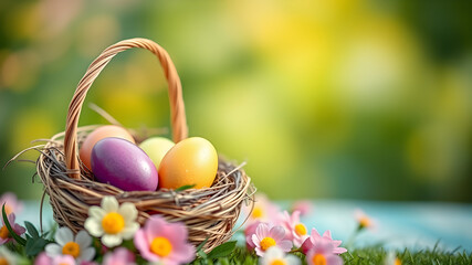 Colorful Easter eggs in a wicker basket surrounded by flowers and grass.