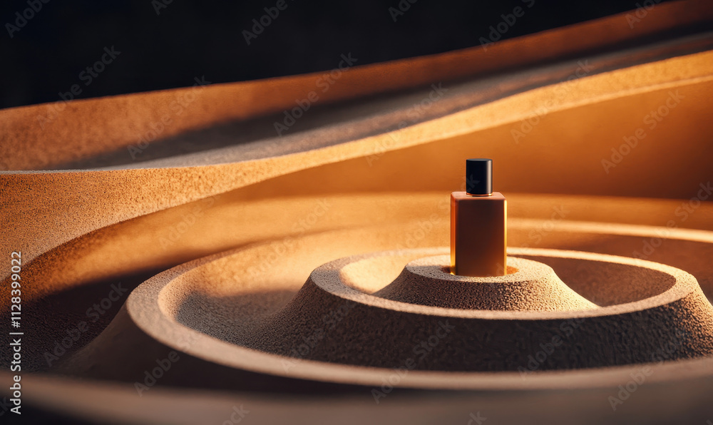 Poster luxurious perfume bottle displayed in sophisticated modern abstract setting with elegant textured de