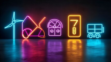 neon icons: energy, transport, music - neon