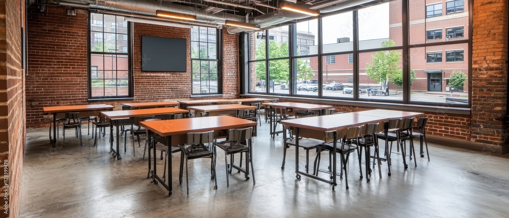 Poster stylish and modern loft-style classroom with brick walls and large windows