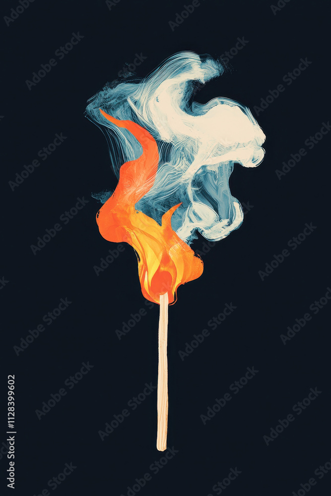 Poster dynamic visual of a matchstick with lively flame and artistic smoke contrast