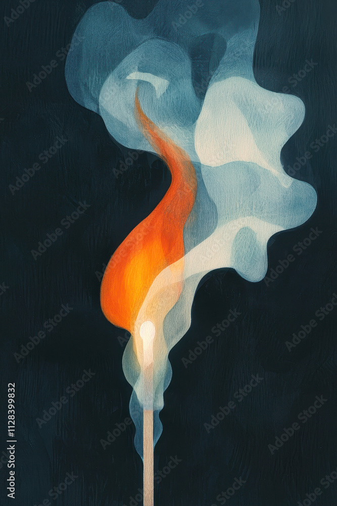 Poster vibrant abstract depiction of a matchstick igniting with intricate patterns of flame and swirling sm