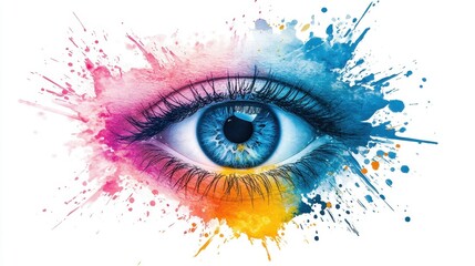Vivid Blue Eye Surrounded by Colorful Paint Splashes in Artistic Representation of Imagination, Creativity, and Expression of Emotions