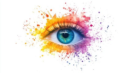 Close-up of a Beautiful Blue Eye Surrounded by Colorful Watercolor Splashes in Orange, Yellow, Pink, and Purple Against a White Background