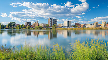 Vibrant city skyline reflects on calm water at sunset with lush grass in the foreground. Generative AI