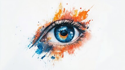 Stunning Artistic Eye Illustration with Blue Iris and Colorful Splash of Paints in Orange and Blue for Creative and Inspirational Design Projects