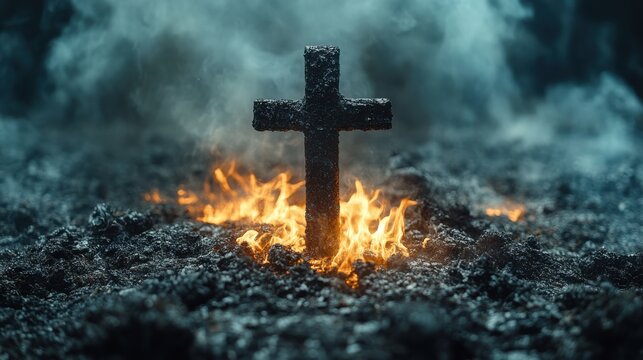 ash wednesday burning coals in the smoke on the background of the cross - Powered by Adobe