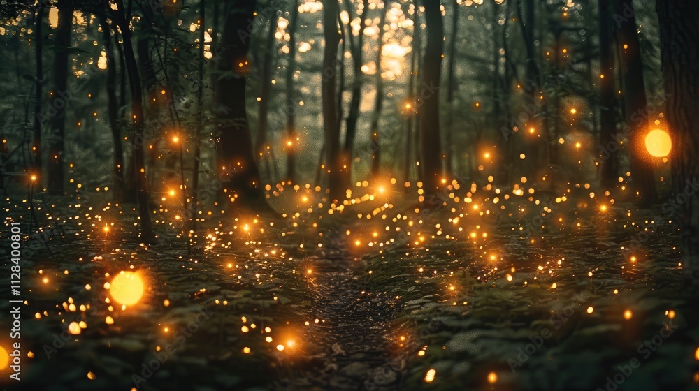 Poster fairy lights floating in a forest clearing.