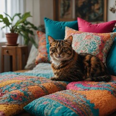 A colorful bohemian-style home with a tortoiseshell cat among vibrant pillows.A colorful bohemian-style home with a tortoiseshell cat among vibrant pillows.