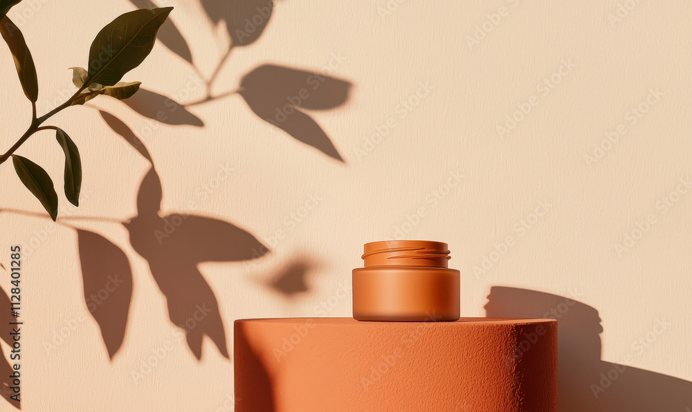Poster Elegant Minimalist Display of Cosmetic Jar with Natural Leaf Shadows Creating a Tranquil and Serene Atmosphere in a Modern Lifestyle Setting