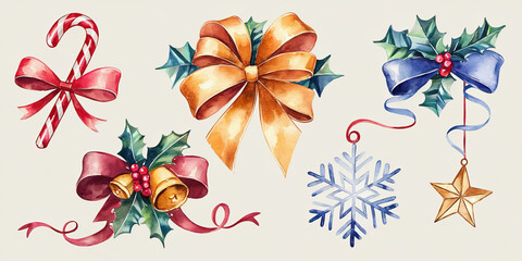 Obraz premium Watercolor Christmas Decorations Bows Holly Candy Cane Bells Snowflake Star