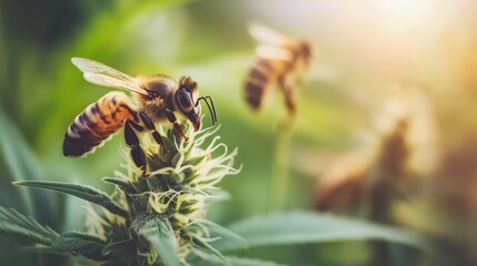 Naklejka premium Honeybee pollinating cannabis plant. Illustrates nature's role in plant reproduction.