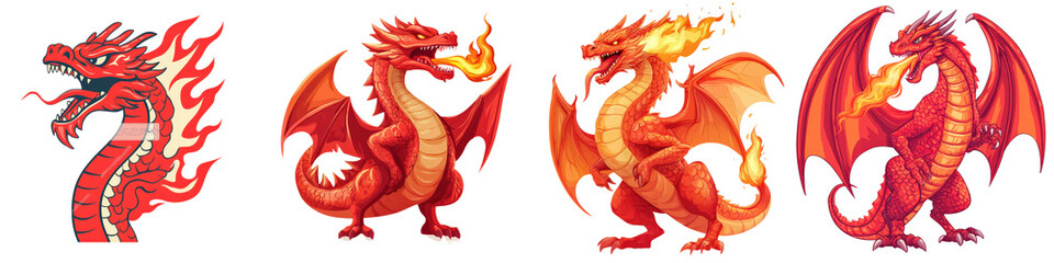 Ferocious Mythical Dragon Creatures in Fiery Fantasy A collection of four different colorful and fierce dragon like beasts breathing fire and ready to attack