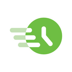 A green pixel art clock flies swiftly through space