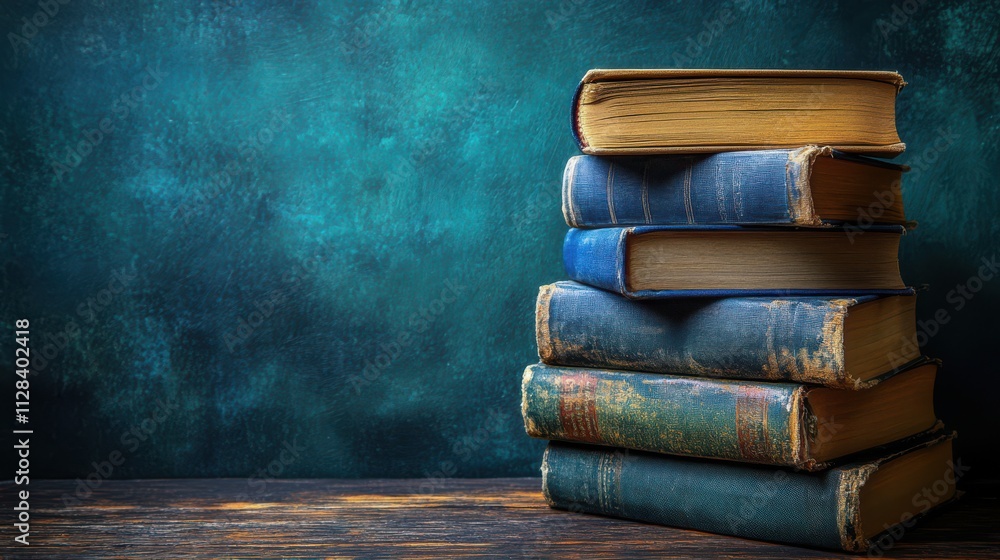 Poster back to school concept and pile of books on the wooden table right side empty left side for text cop