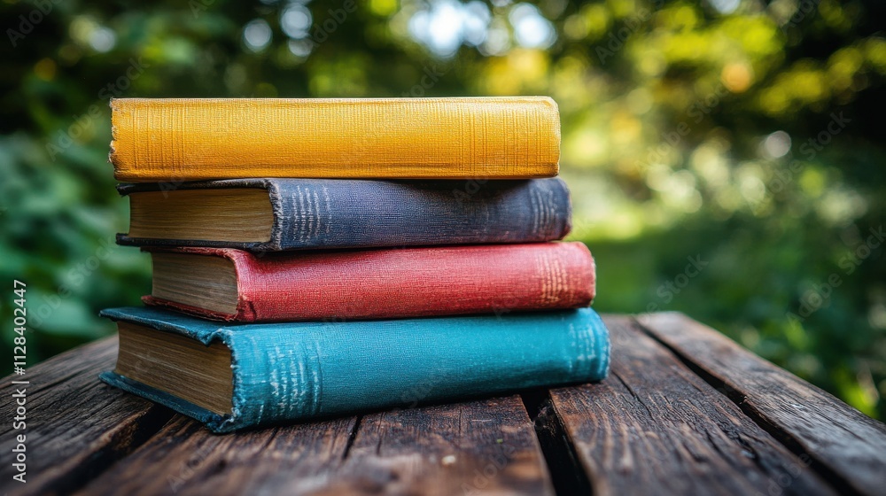 Poster back to school concept and pile of books on the wooden table right side empty left side for text cop