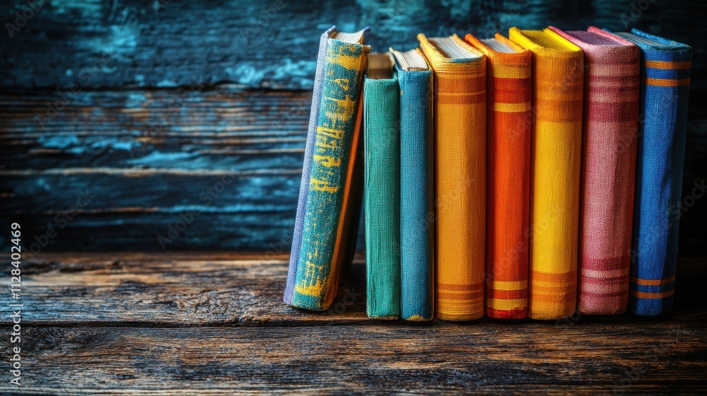 Poster back to school concept and pile of books on the wooden table right side empty left side for text cop