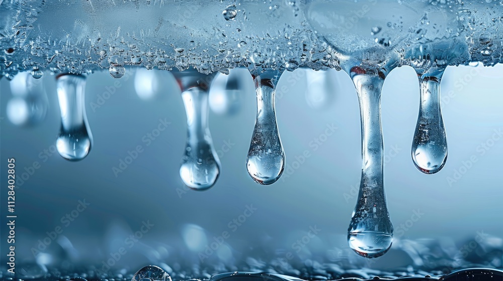 Poster close up details of slivers of ice rapidly melting with water droplets pouring down its surface.