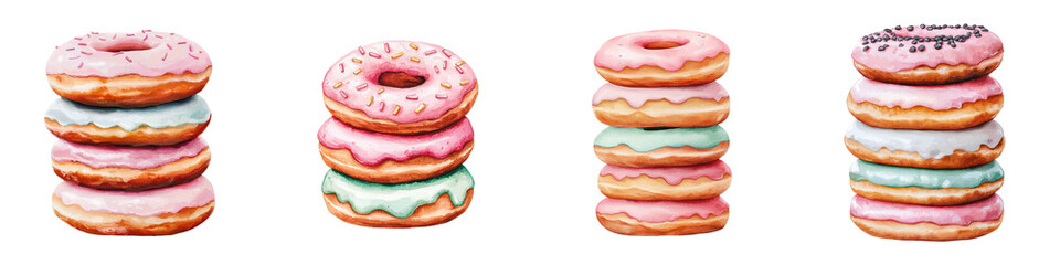 Delicious Assortment of Colorful Stacked Donuts with Frosting and Sprinkles Displayed in a Bakery or Cafe Setting Showcasing the Temptation of Sweet Treats