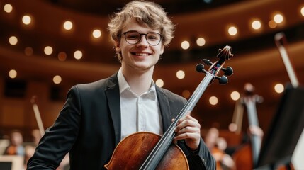 Fototapeta premium Portraits of German musicians holding their instruments, smiling in elegant concert halls and rehearsal spaces