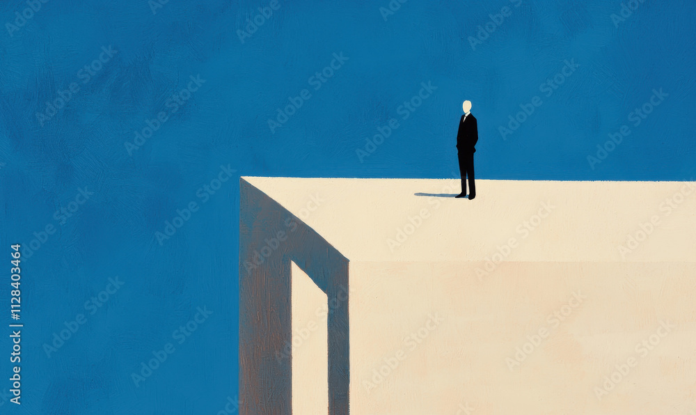 Poster solitary figure on an abstract platform contemplating the infinite blue, a minimalist exploration of