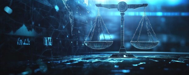 Futuristic digital scales of justice surrounded by data and holographic elements on a blue background.