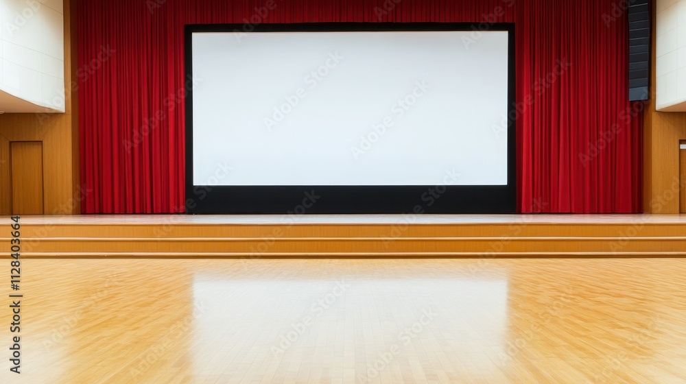Poster empty stage with red curtains and blank screen for presentation or performance