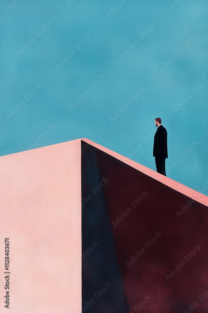 Poster exploring solitude and isolation: a minimalist art with bold geometric forms and silhouetted figure 
