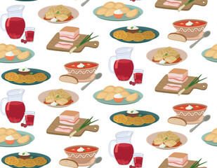 Seamless pattern with Ukrainian national dishes. Flat background with borsch, varenyky, holubtsy, compote, salo, deruny